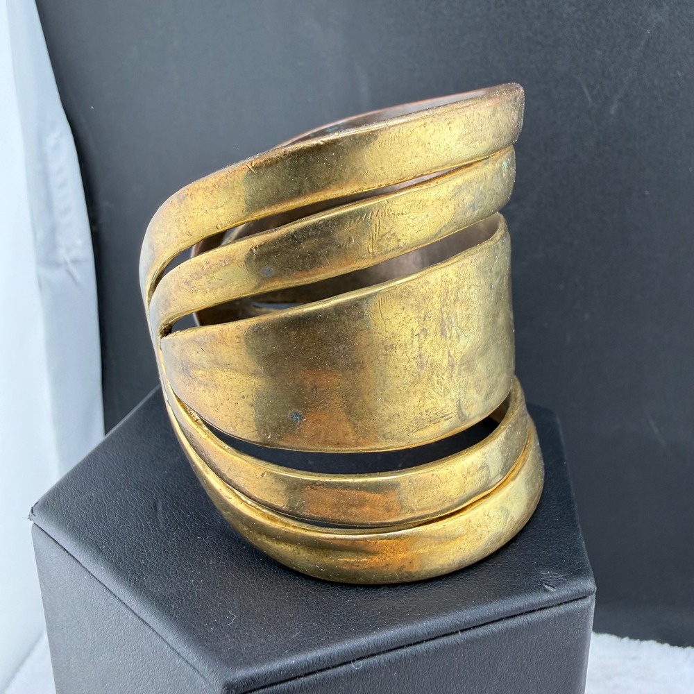 Wide Chunky Bracelet Gold Tone Multi Band Hammered Boho 7.5 Inch - Picture 4 of 9